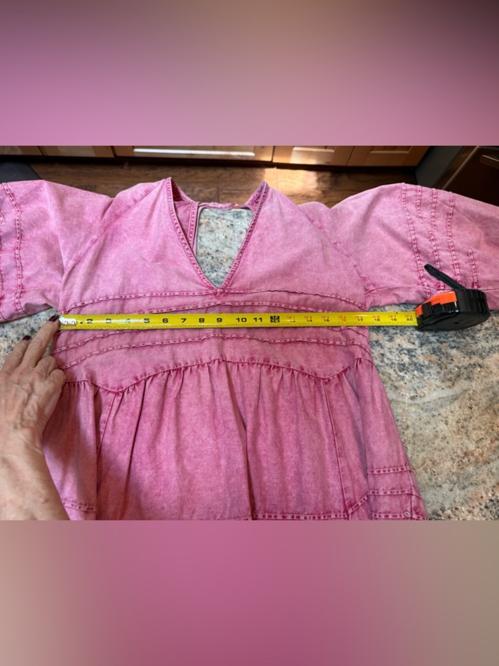 Free People Pink Babydoll Mini Dress Puff Sleeve Boho Acid Wash Size Large - Picture 5 of 11